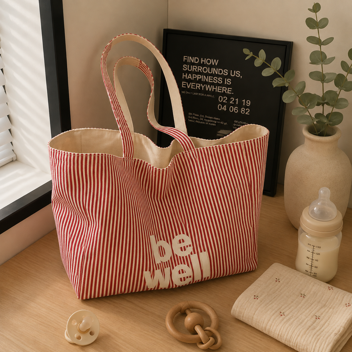 Sac à langer bandoulière, en toile, rouge, posé dans un intérieur clair aux tons naturels