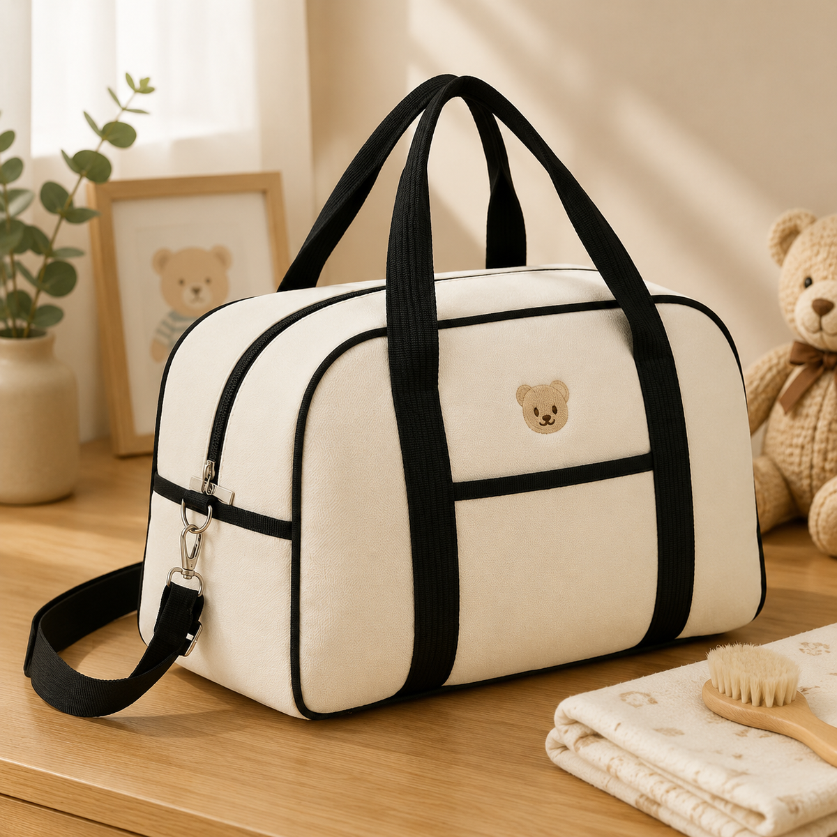 Sac à langer, 2 coloris, posé dans un intérieur clair aux tons naturels
