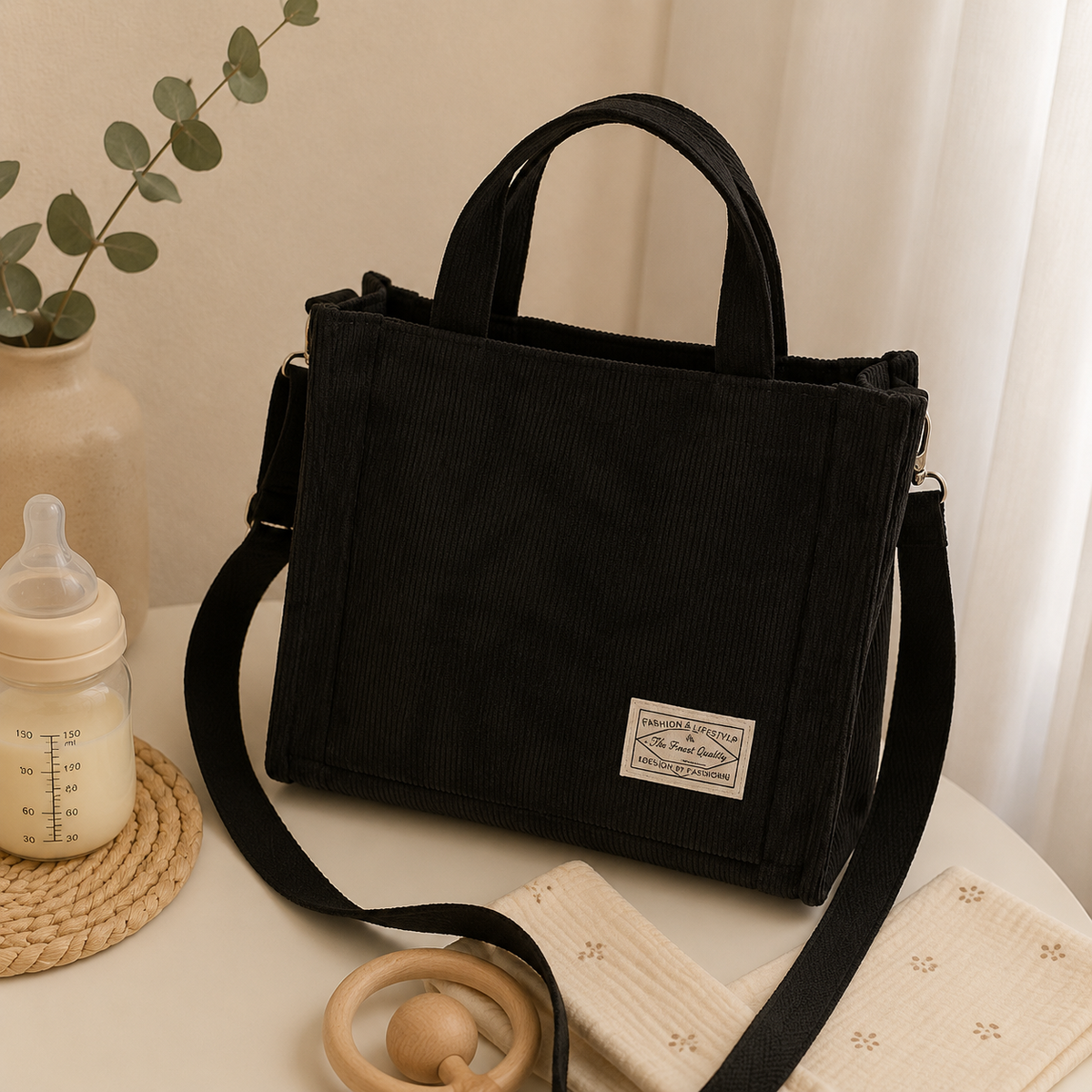 Sac à langer bandoulière, motif ours, 3 coloris, posé dans un intérieur clair aux tons naturels