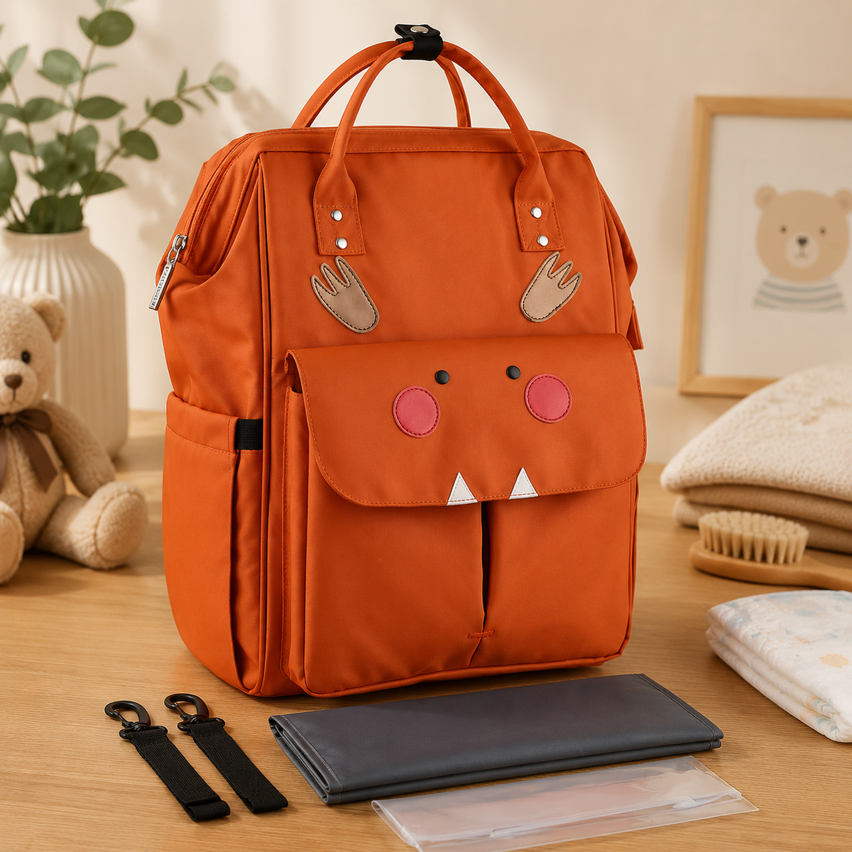 Sac à dos à langer, 42 x 26 cm, posé dans un intérieur clair aux tons naturels