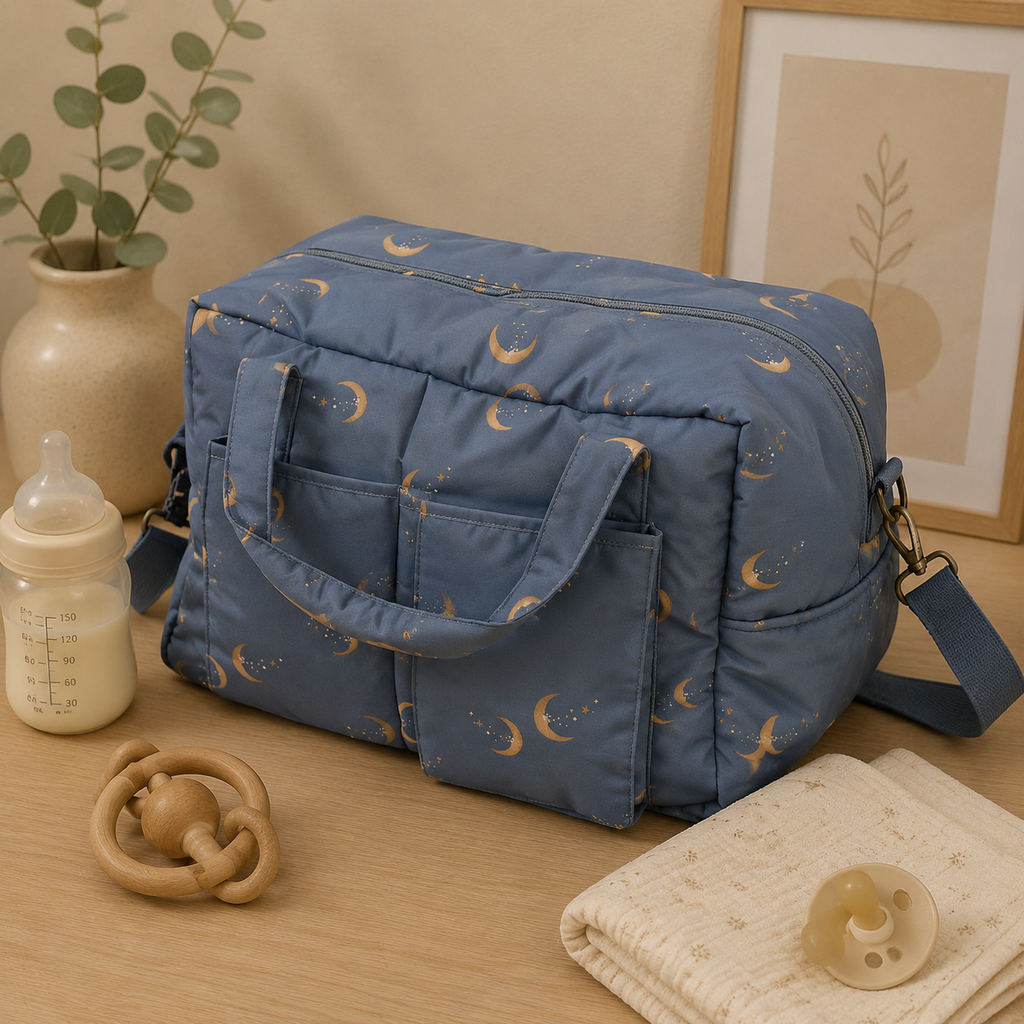 Sac à langer motif lune et étoiles, bleu gris, posé dans un intérieur clair aux tons naturels