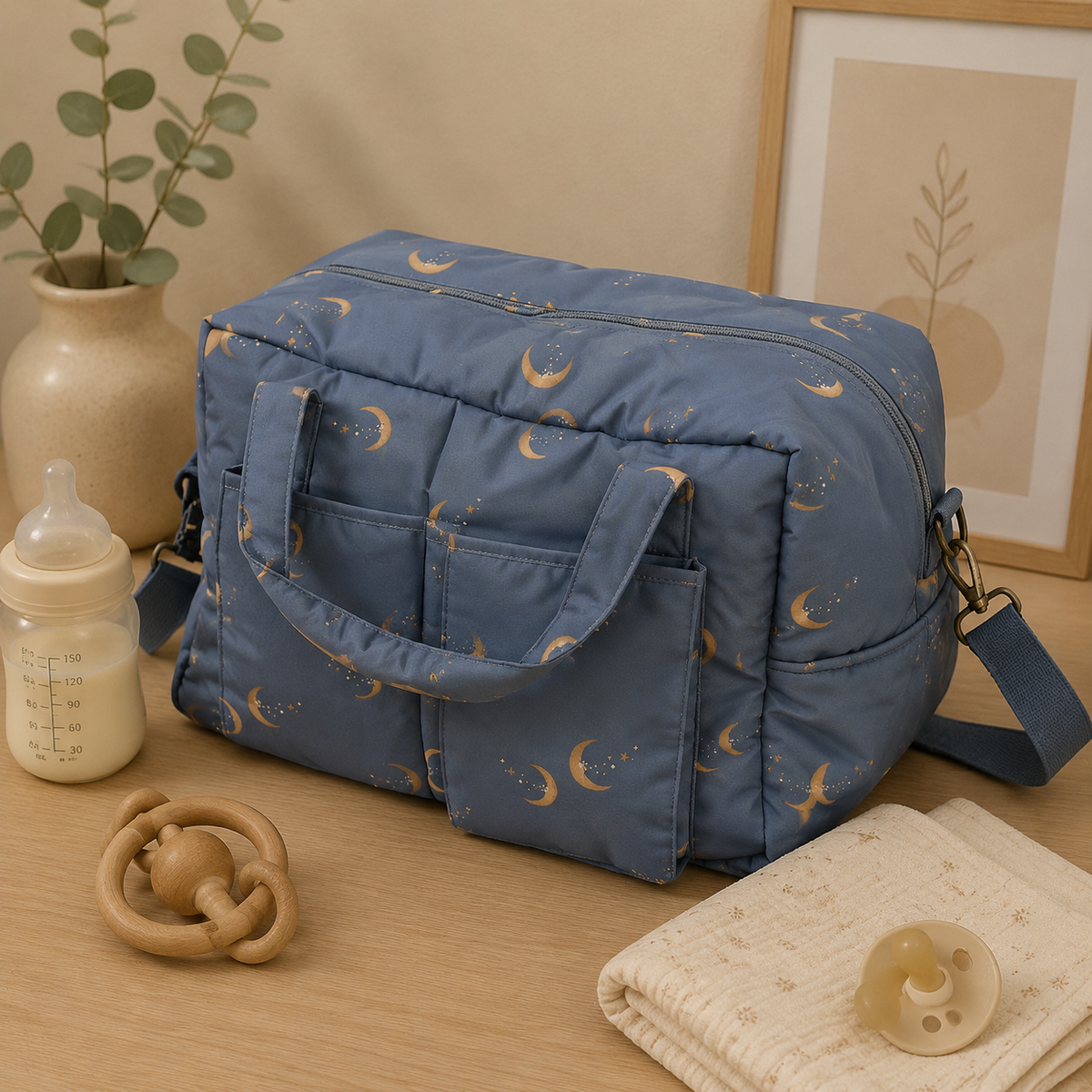 Sac à langer motif lune et étoiles, bleu gris, posé dans un intérieur clair aux tons naturels