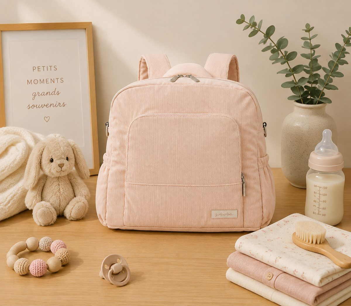Sac à dos à langer, 44 x 36 cm, posé dans un intérieur clair aux tons naturels