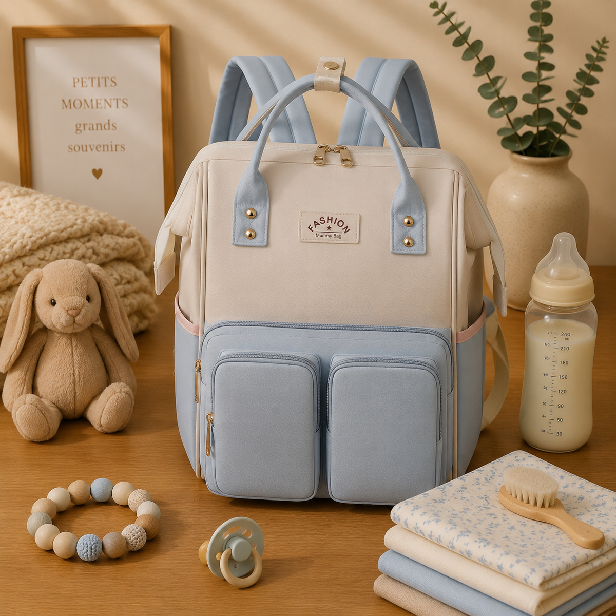 Sac à dos à langer, 6 coloris, posé dans un intérieur clair aux tons naturels