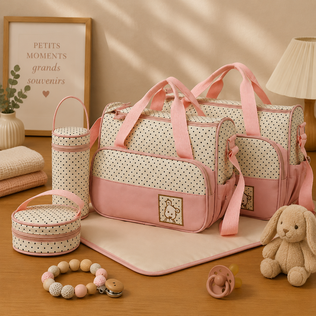 Sac à langer pour poussette, rose, 6 coloris, posé dans un intérieur clair aux tons naturels