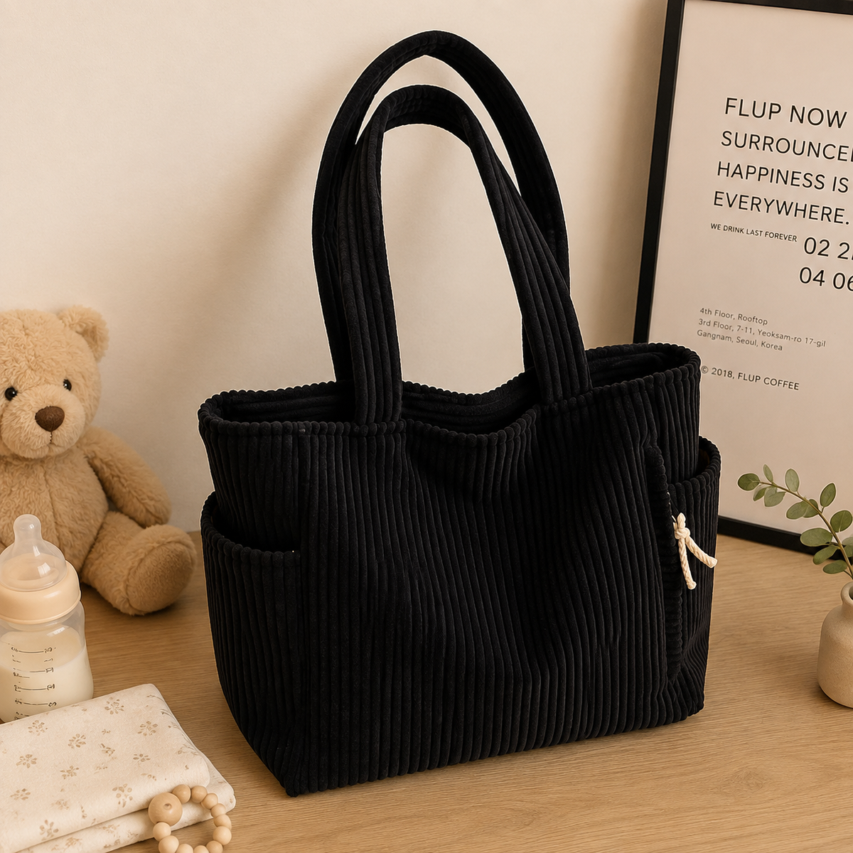 Sac à langer bandoulière, motif ours, noir, posé dans un intérieur clair aux tons naturels