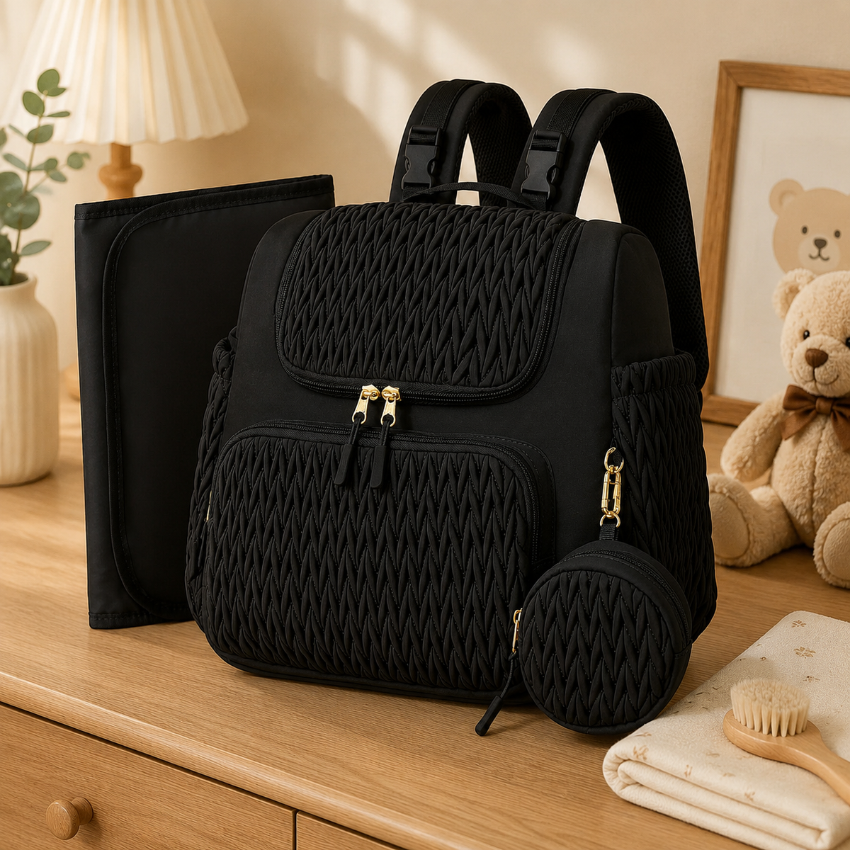 Sac à dos à langer, imperméable, posé dans un intérieur clair aux tons naturels