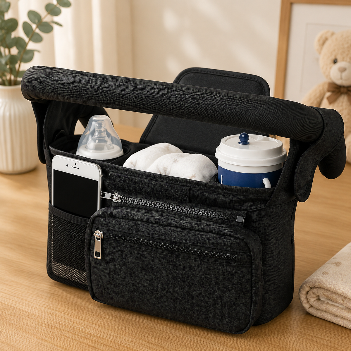 Sac à langer pour poussette, noir, 4 coloris, posé dans un intérieur clair aux tons naturels