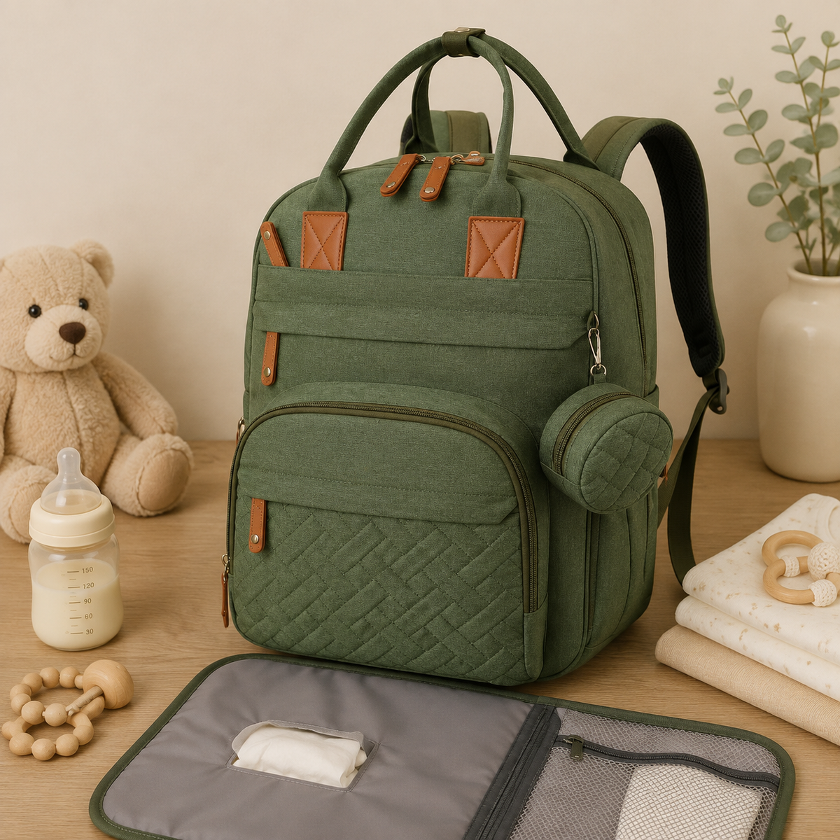 Sac à dos à langer, imperméable, vert, posé dans un intérieur clair aux tons naturels