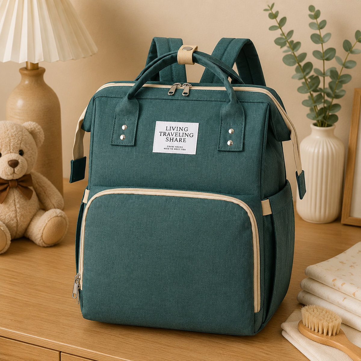 Sac à dos à langer, avec tapis à langer, 5 coloris, posé dans un intérieur clair aux tons naturels