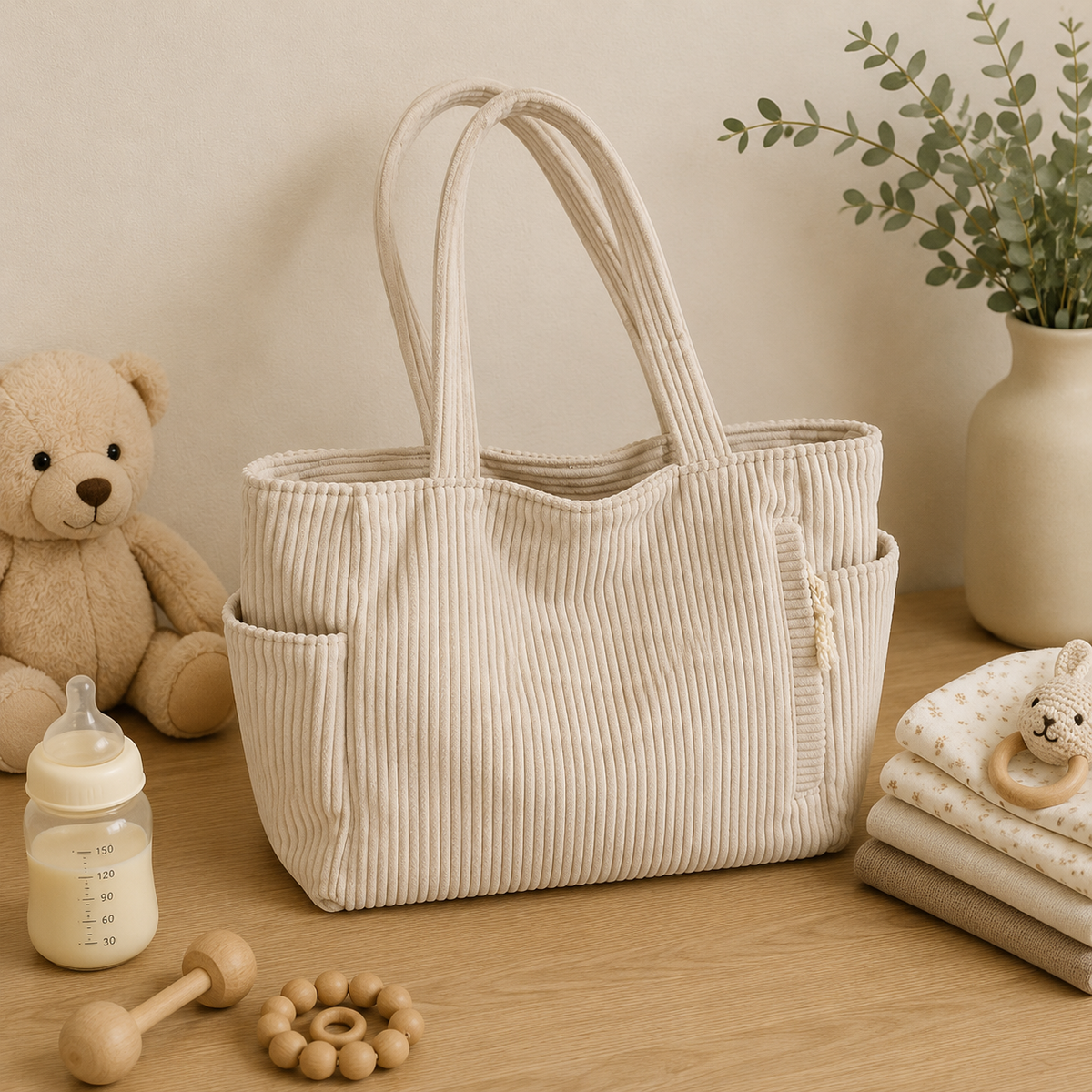 Sac à langer cabas en velours côtelé, trois coloris, posé dans un intérieur clair aux tons naturels