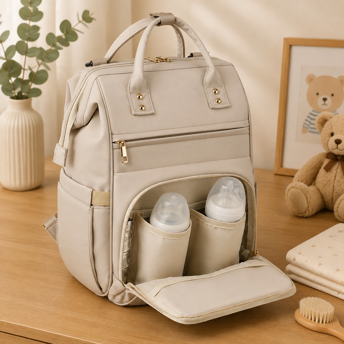 Sac à langer bandoulière, posé dans un intérieur clair aux tons naturels
