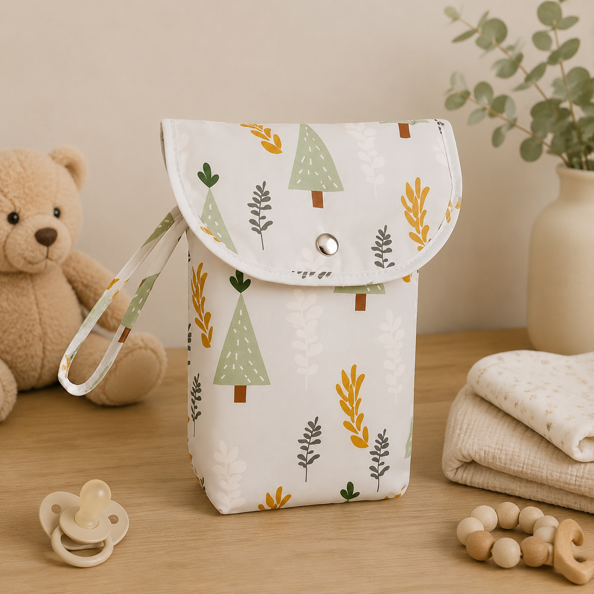 Pochette à langer imperméable, quatre motifs, posé dans un intérieur clair aux tons naturels