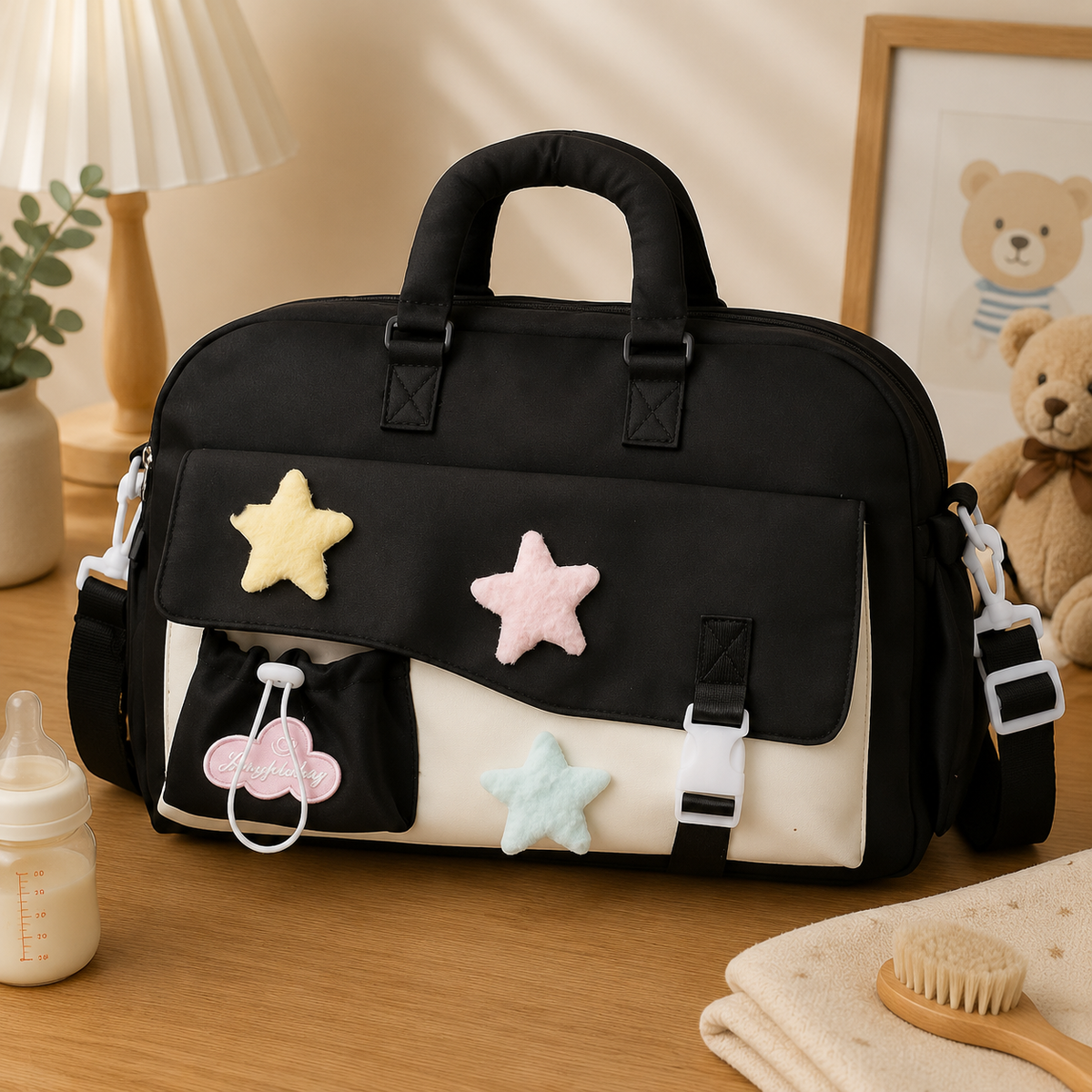 Sac à langer bandoulière décor étoile, quatre coloris, posé dans un intérieur clair aux tons naturels