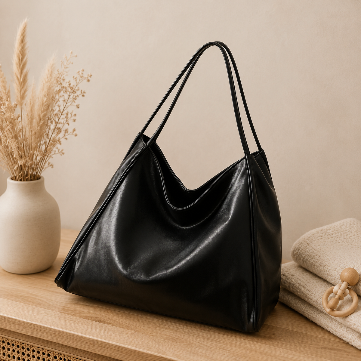 Sac à langer bandoulière, noir, 5 coloris, posé dans un intérieur clair aux tons naturels