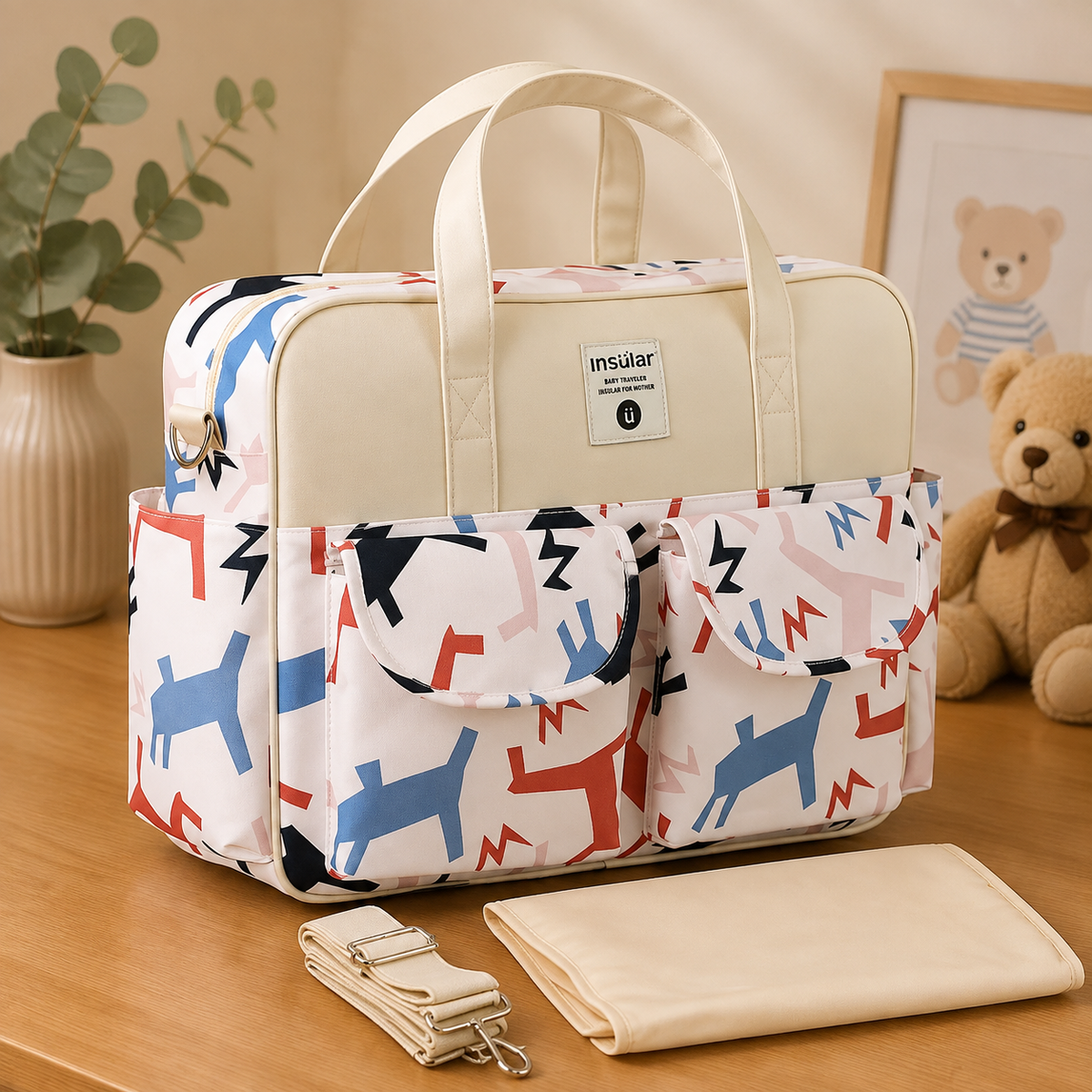 Sac à langer pour poussette, 39 x 29 cm, posé dans un intérieur clair aux tons naturels