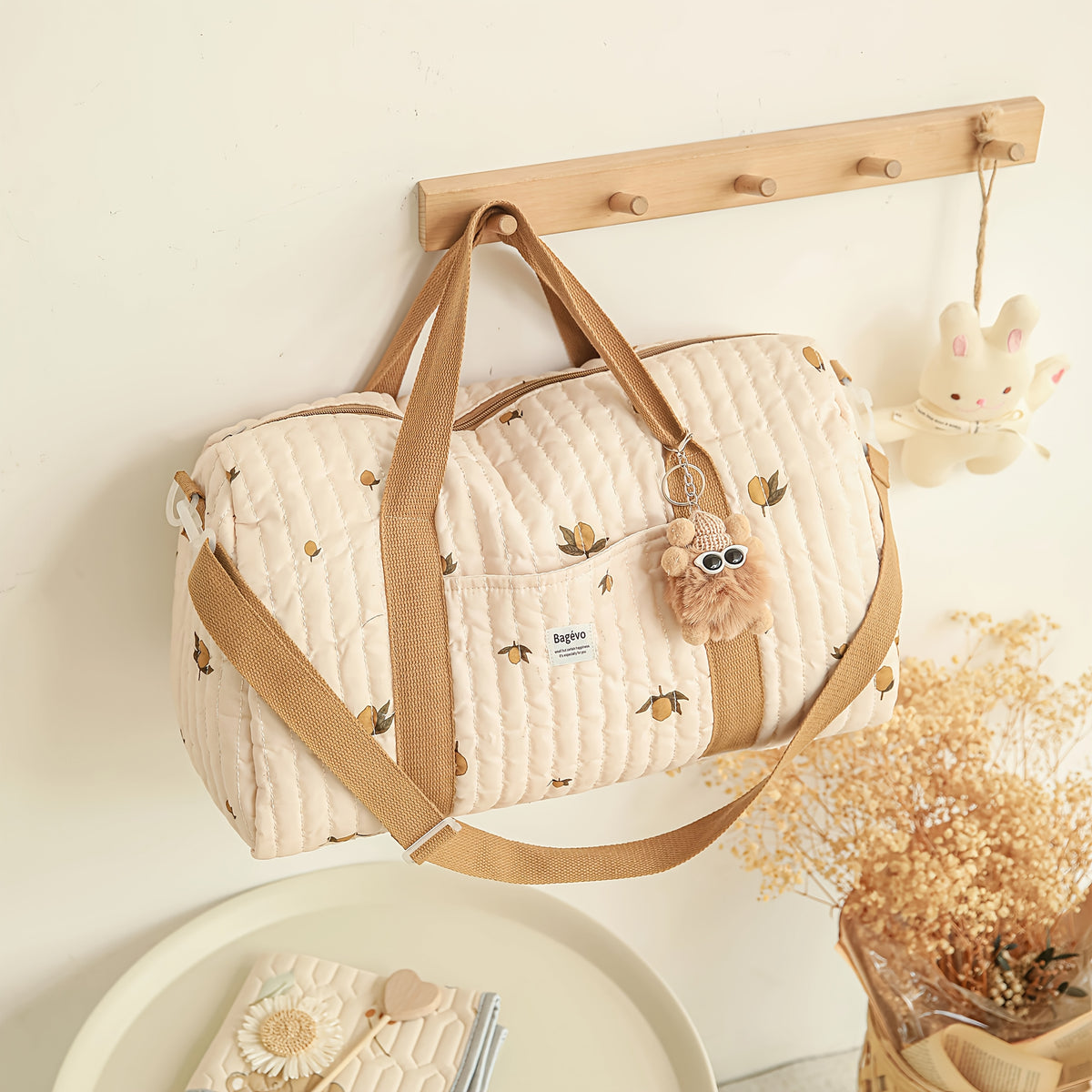 Sac à langer polochon matelassé brodé, 48 x 28 cm, 3 motifs