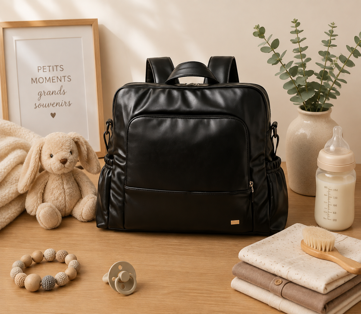 Sac à dos à langer, en simili cuir, imperméable, posé dans un intérieur clair aux tons naturels