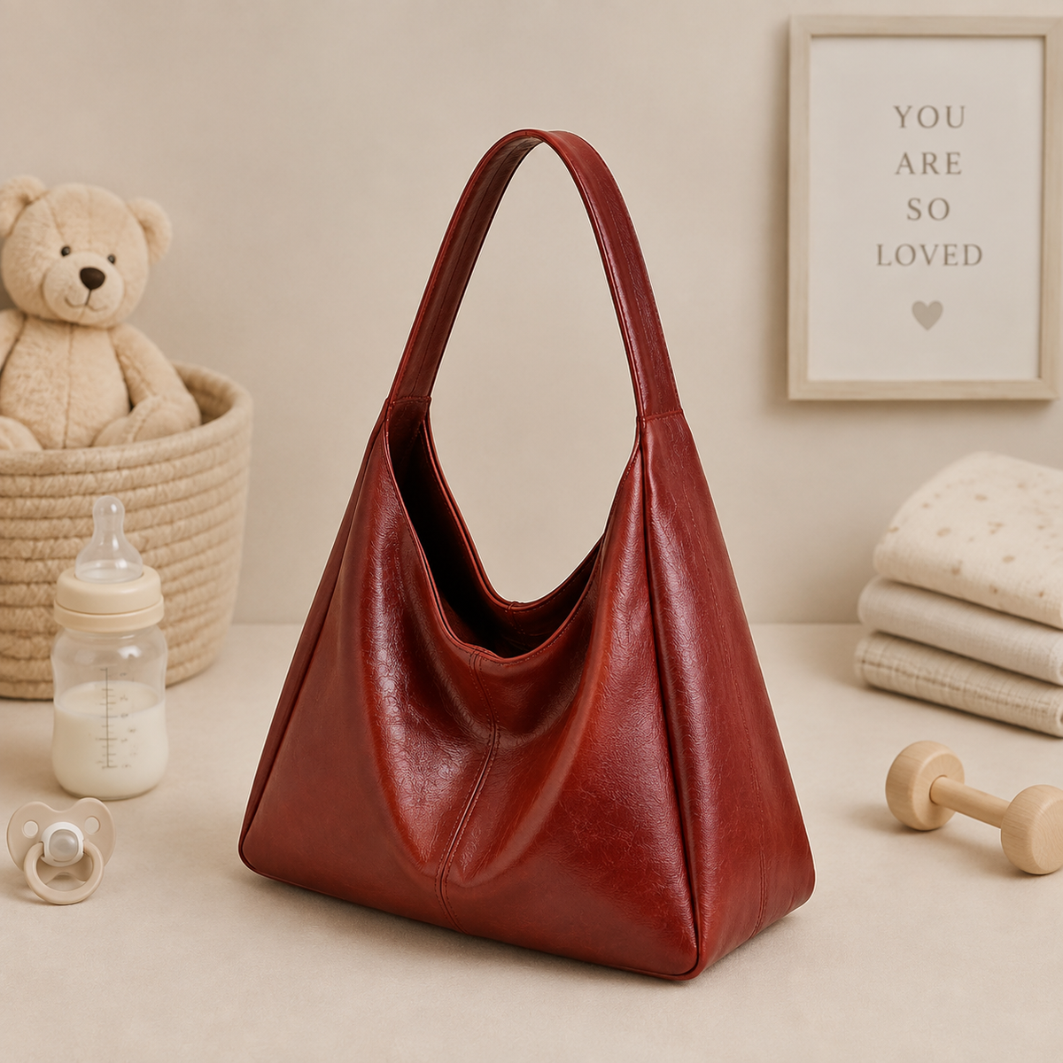 Sac à langer bandoulière, en simili cuir, rouge, posé dans un intérieur clair aux tons naturels