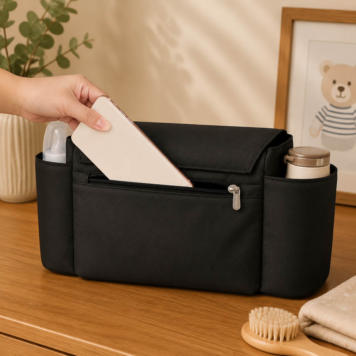 Sac à langer bandoulière, 3 en 1, posé dans un intérieur clair aux tons naturels