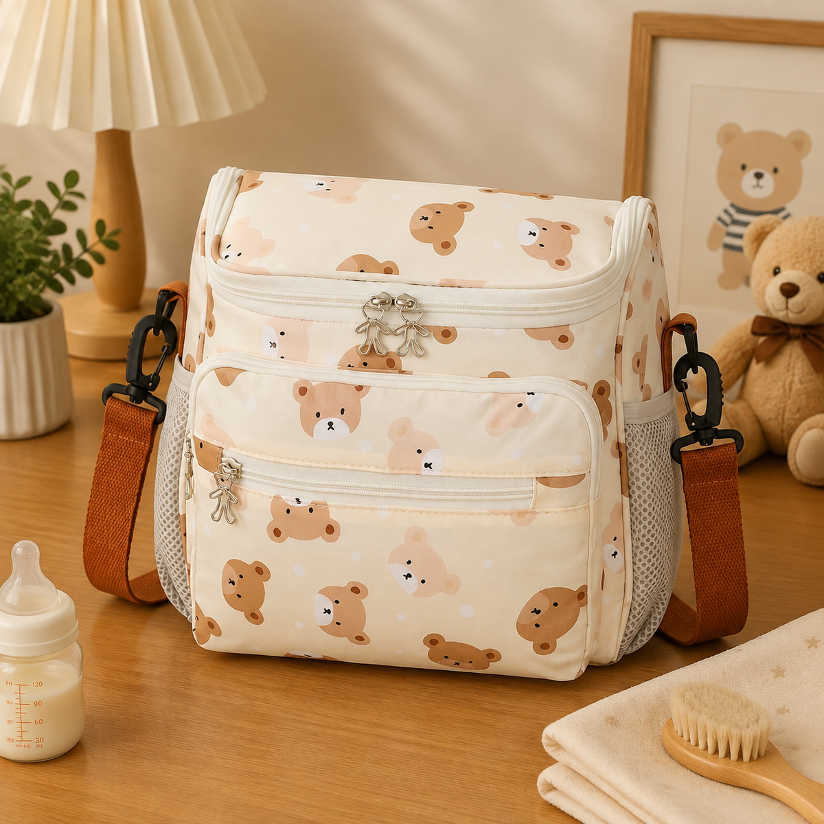 Sac à langer bandoulière, en nylon, beige, posé dans un intérieur clair aux tons naturels