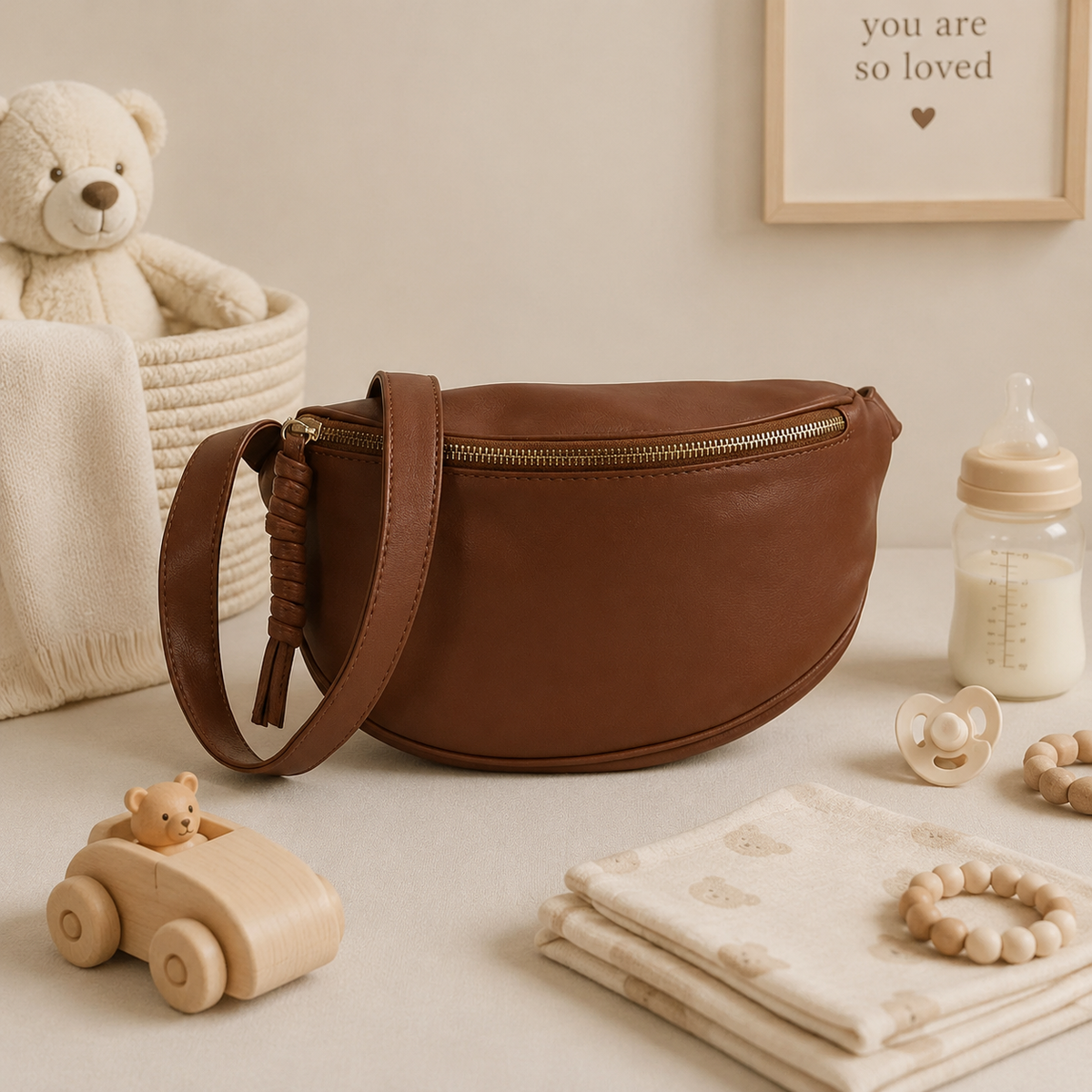 Sac à langer bandoulière d'appoint en simili cuir, posé dans un intérieur clair aux tons naturels