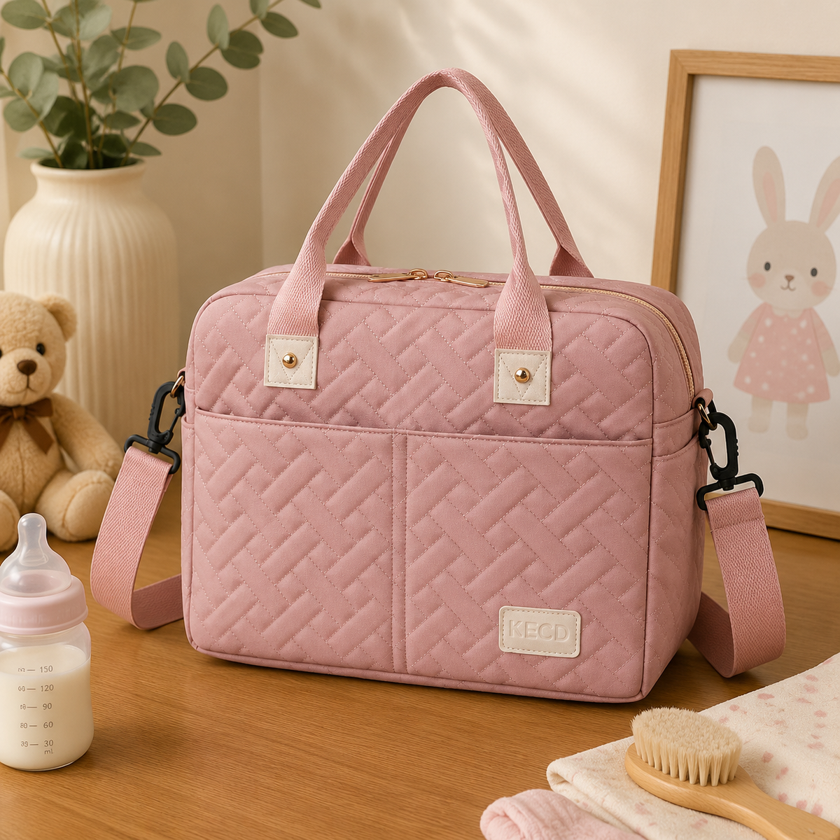 Sac à langer bandoulière, en polyester, rose, posé dans un intérieur clair aux tons naturels