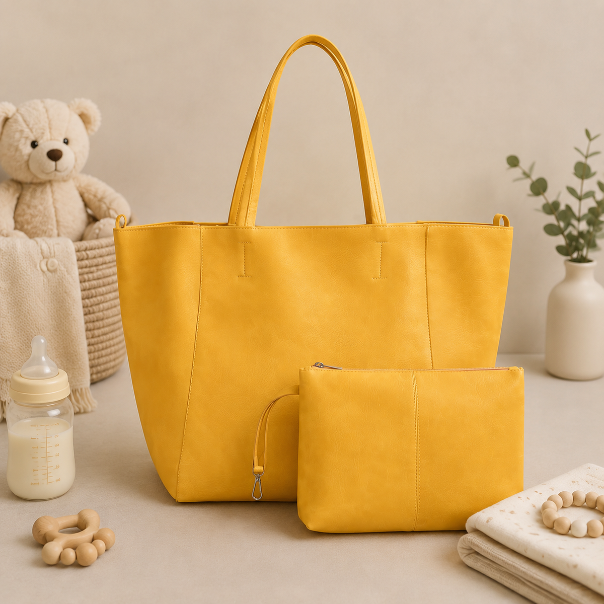 Sac à langer bandoulière, jaune, 6 coloris, posé dans un intérieur clair aux tons naturels