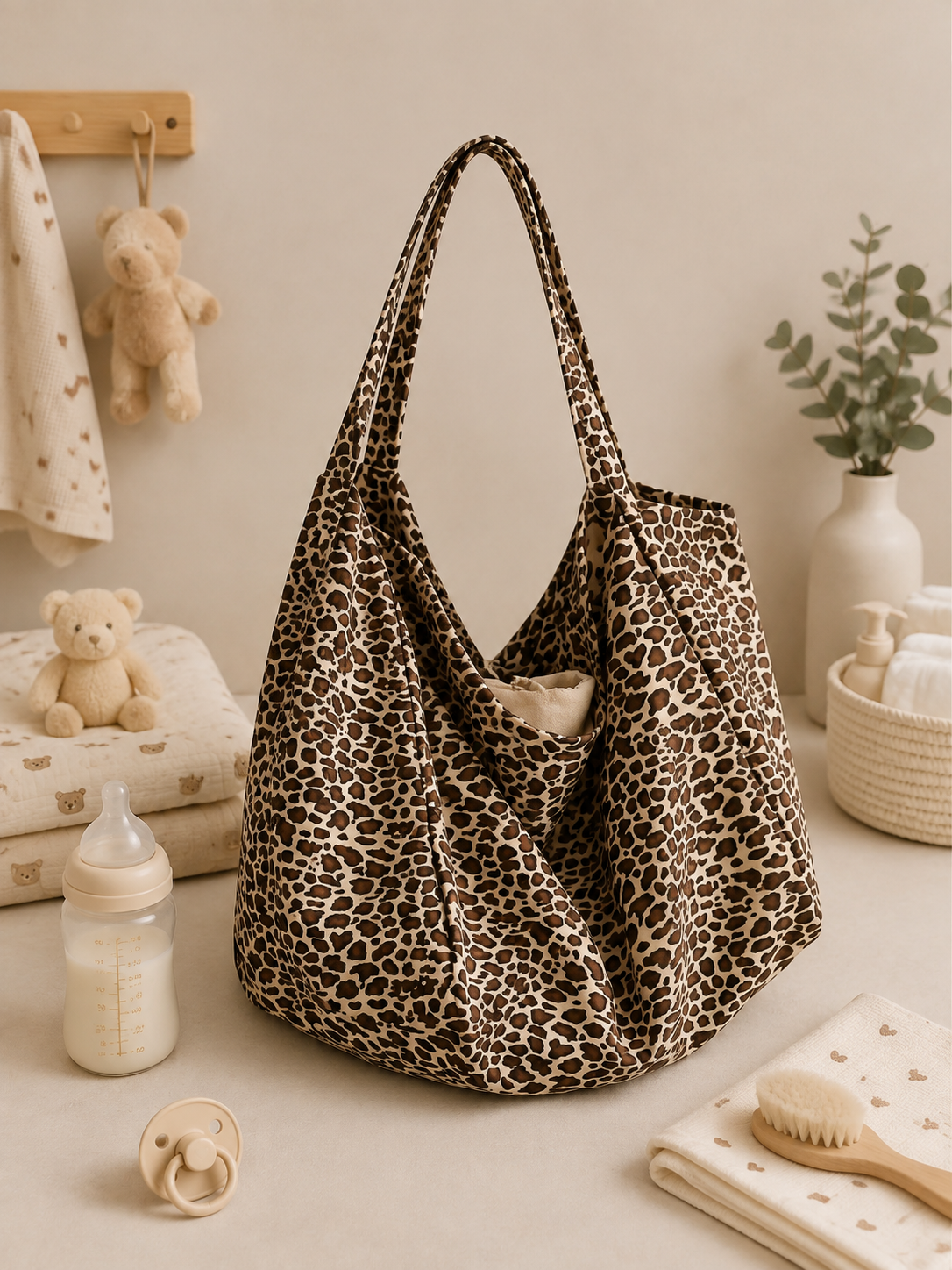 Sac à langer bandoulière, léopard, posé dans un intérieur clair aux tons naturels