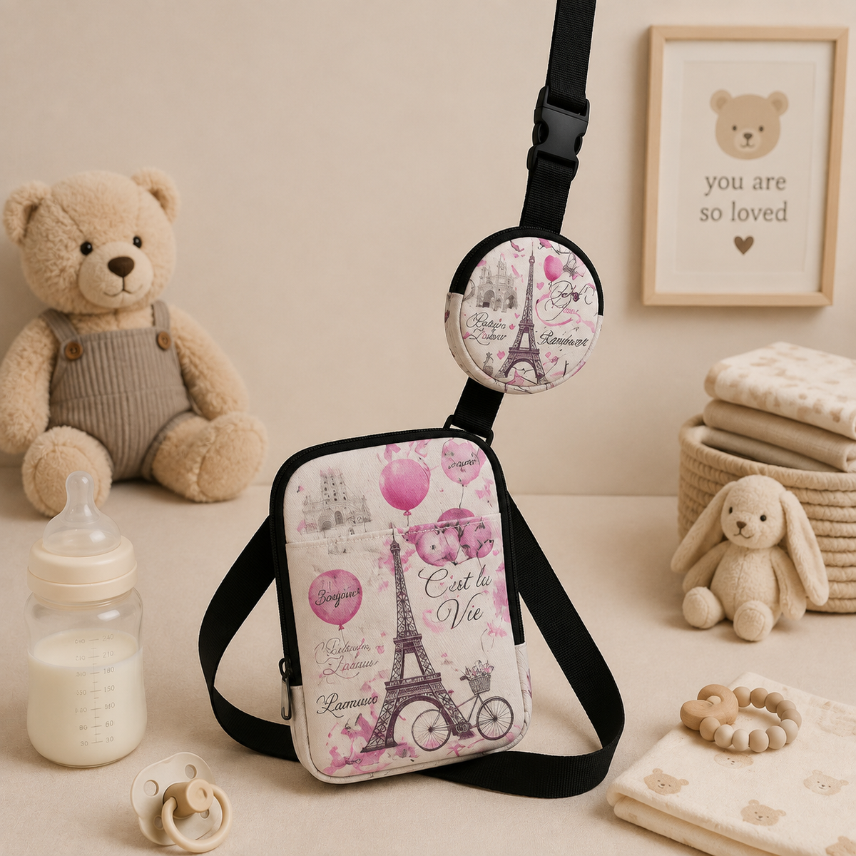 Sac à langer bandoulière, en polyester, posé dans un intérieur clair aux tons naturels