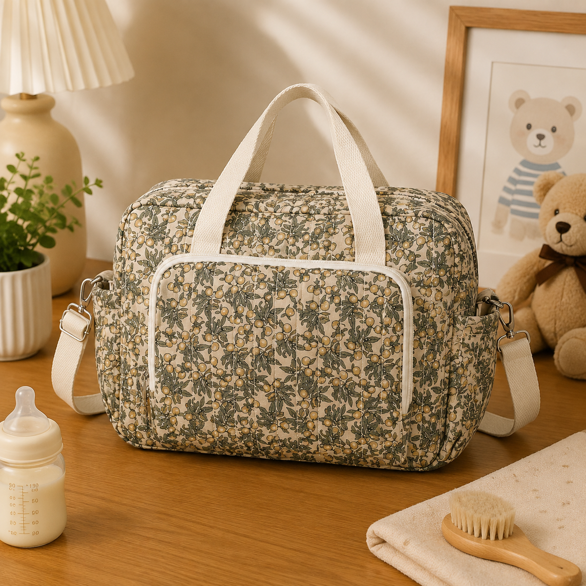 Sac à langer pour poussette, à fleurs, orange, posé dans un intérieur clair aux tons naturels