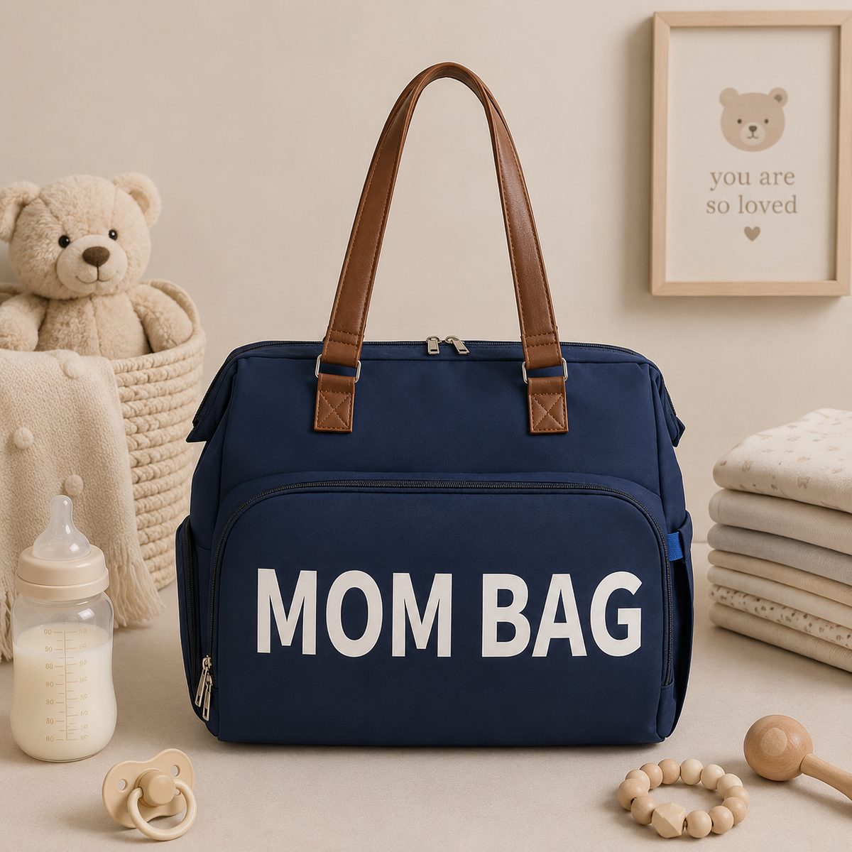 Sac à dos à langer, imperméable, bleu, posé dans un intérieur clair aux tons naturels