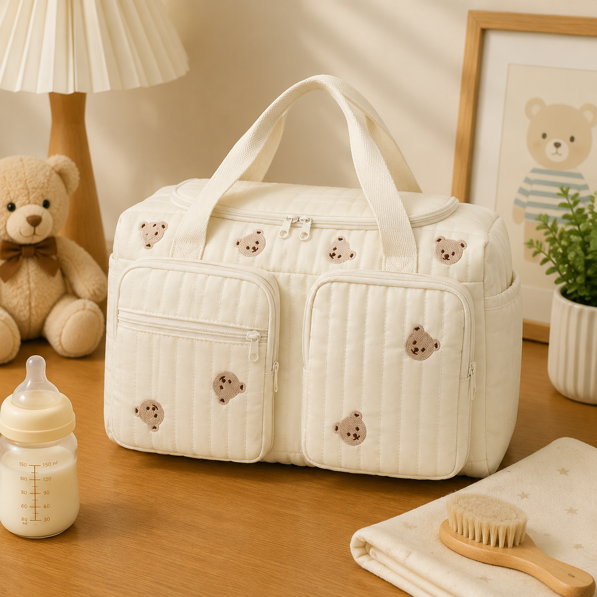 Sac à langer, motif ours, en coton, posé dans un intérieur clair aux tons naturels