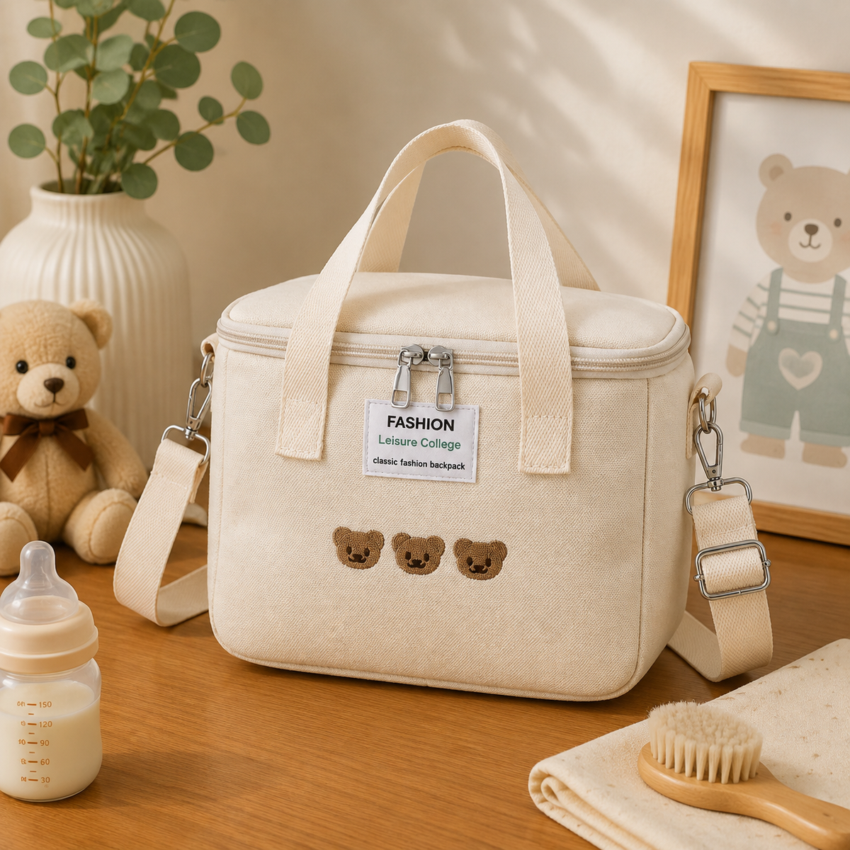 Sac à langer, en toile, posé dans un intérieur clair aux tons naturels