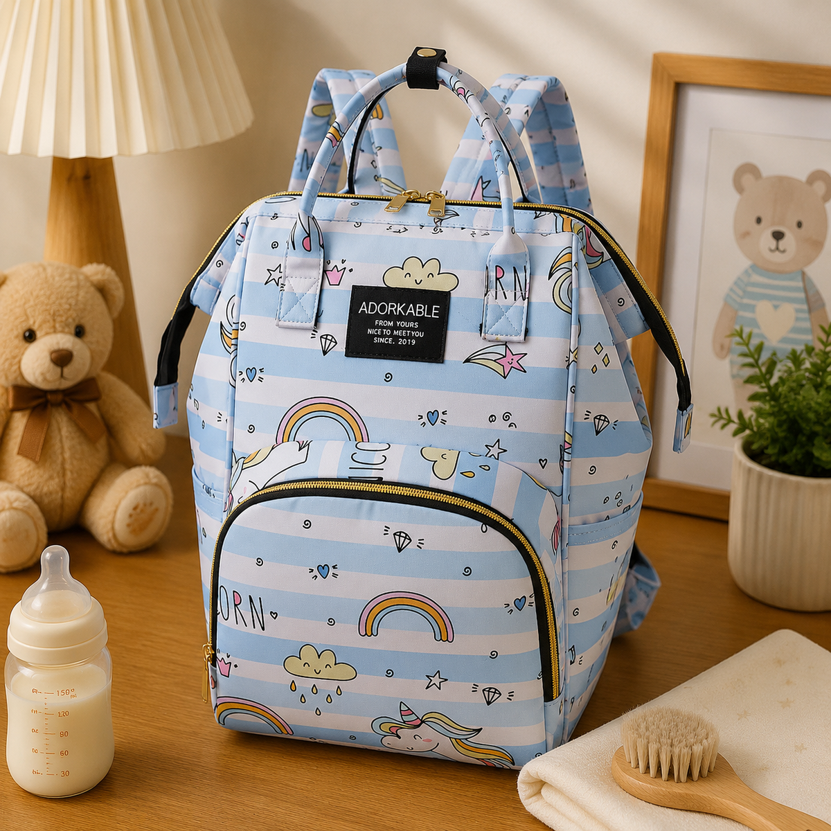 Sac à dos à langer, en nylon, 8 coloris, posé dans un intérieur clair aux tons naturels