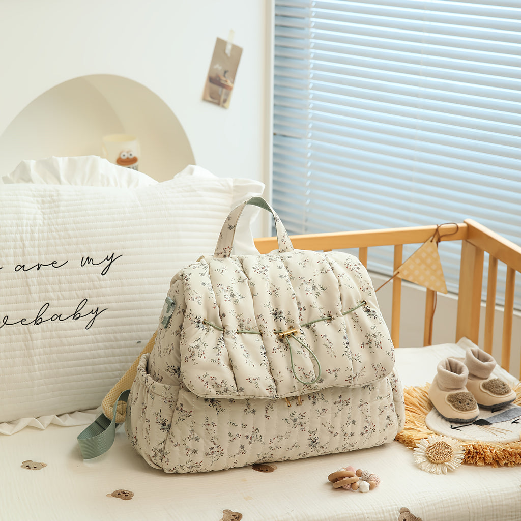 Sac à dos à langer matelassé à fleurs, se fixe à la poussette
