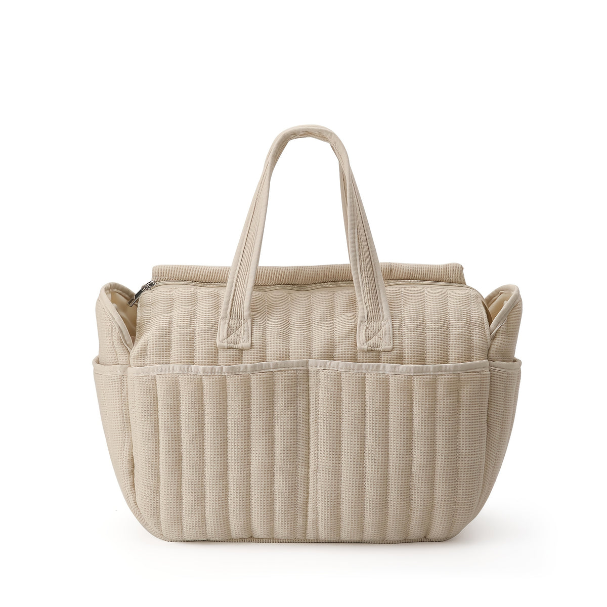 Sac à langer cabas matelassé gaufré, se fixe à la poussette, écru