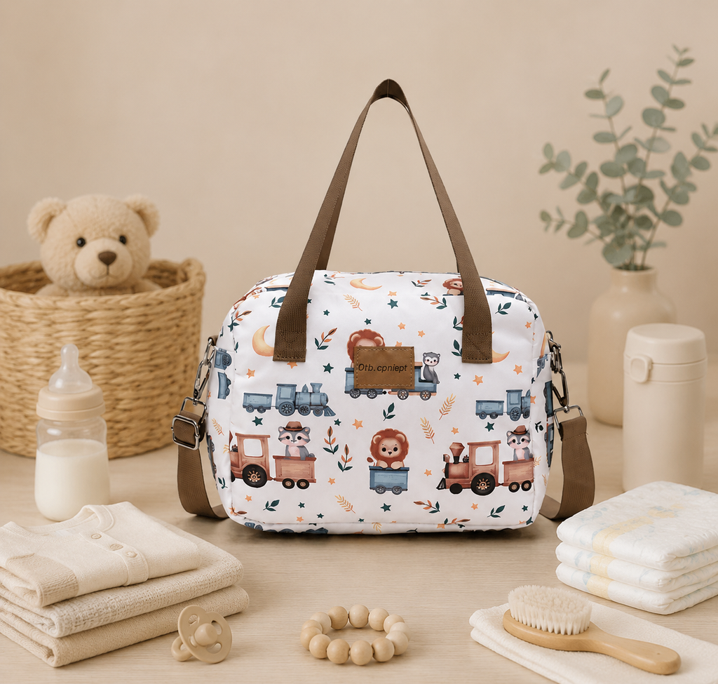 Sac à langer bandoulière, motifs enfantins, 5 coloris, posé dans un intérieur clair aux tons naturels
