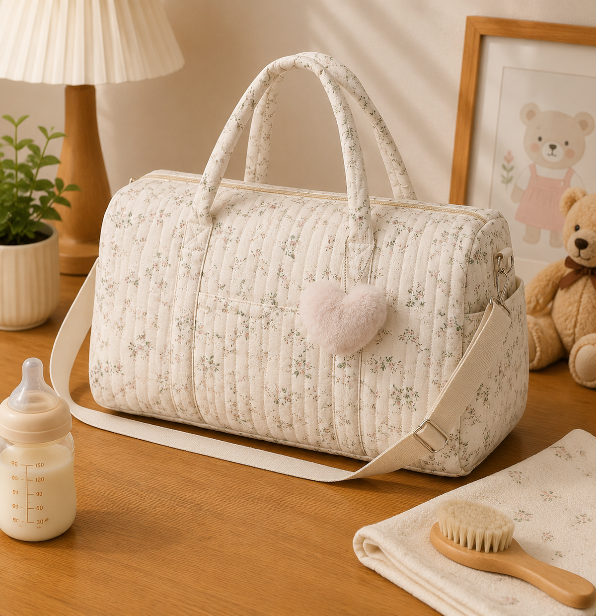 Sac à langer bandoulière, grande capacité, posé dans un intérieur clair aux tons naturels