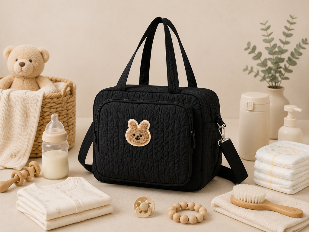 Sac à langer bandoulière matelassé, écusson lapin, noir, posé dans un intérieur clair aux tons naturels