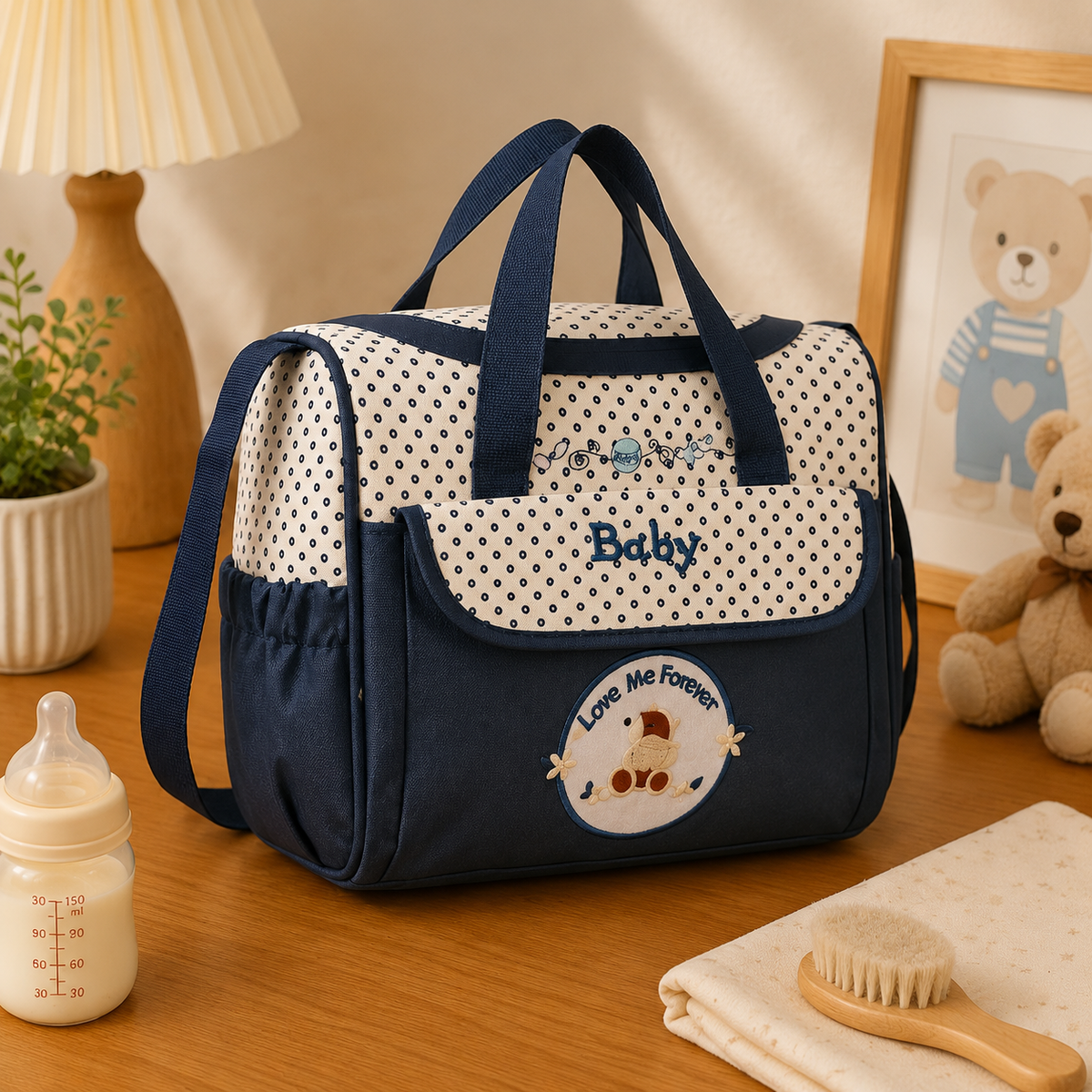 Sac à langer bandoulière, en polyester, bleu marine, posé dans un intérieur clair aux tons naturels