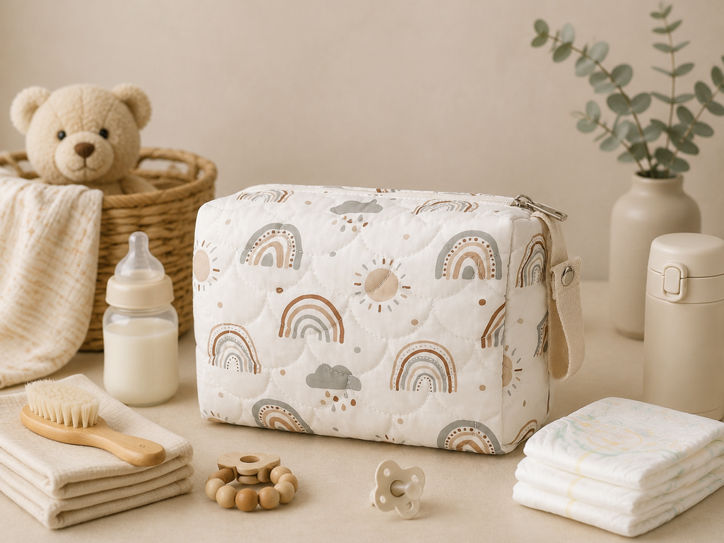 Pochette à langer matelassée, motif arc-en-ciel, posé dans un intérieur clair aux tons naturels