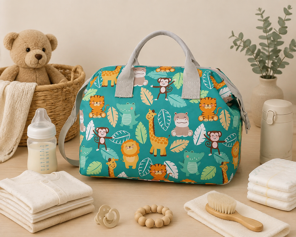 Sac à langer bandoulière, motif animaux, turquoise, posé dans un intérieur clair aux tons naturels