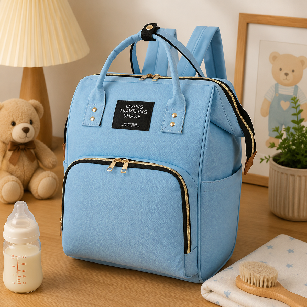 Sac à langer pour poussette, poche isotherme, posé dans un intérieur clair aux tons naturels