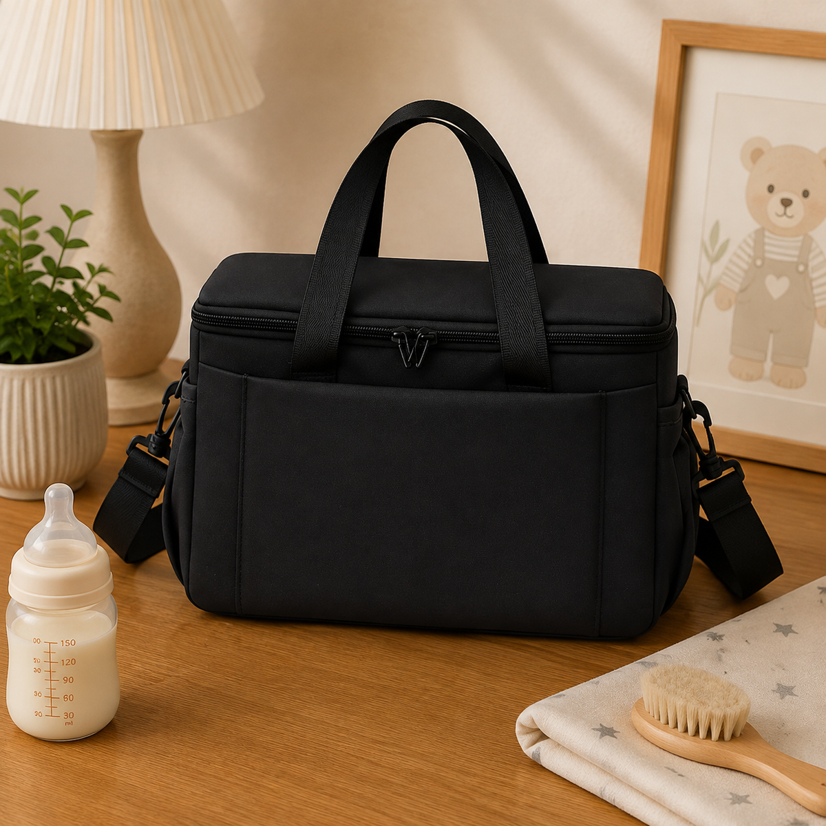 Sac à langer pour poussette, noir, posé dans un intérieur clair aux tons naturels