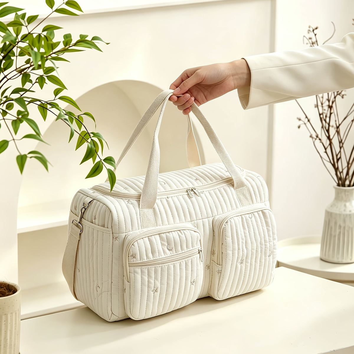 Sac à langer polochon matelassé rayé, 48 x 28 cm, 2 modèles