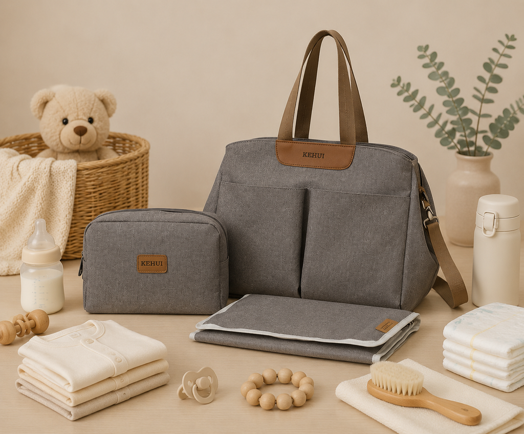 Sac à langer, ensemble 3 pièces avec tapis à langer, posé dans un intérieur clair aux tons naturels