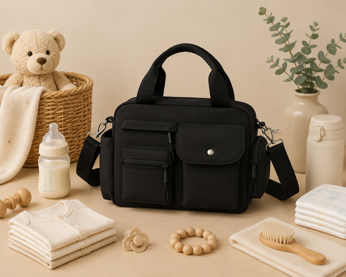 Sac à langer bandoulière multi-poches, noir, posé dans un intérieur clair aux tons naturels