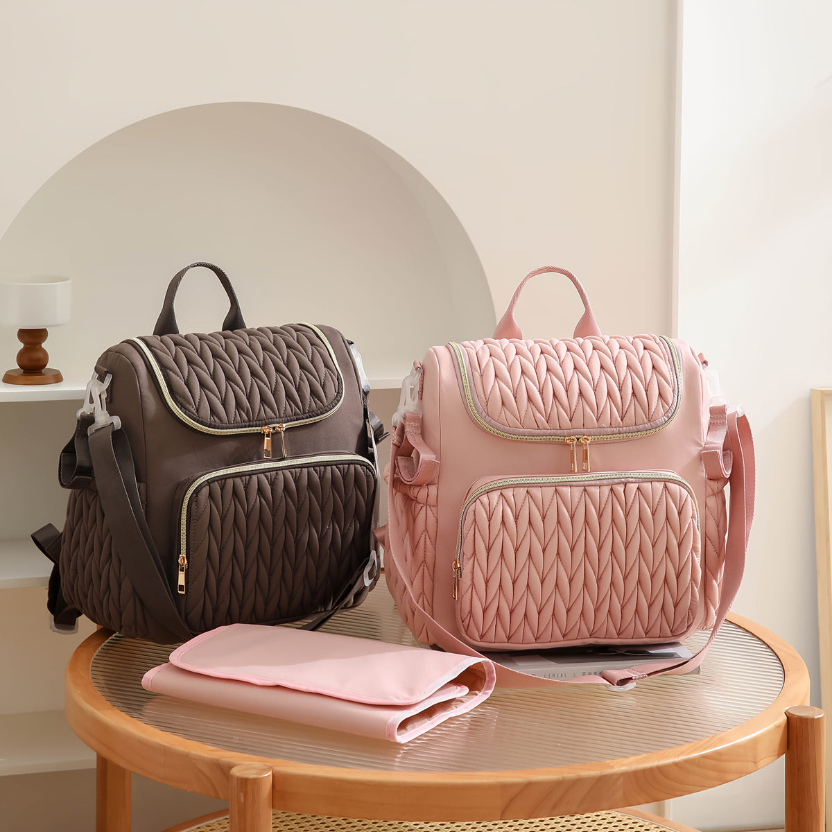 Sac à dos à langer matelassé torsadé, bretelles amovibles, 4 coloris