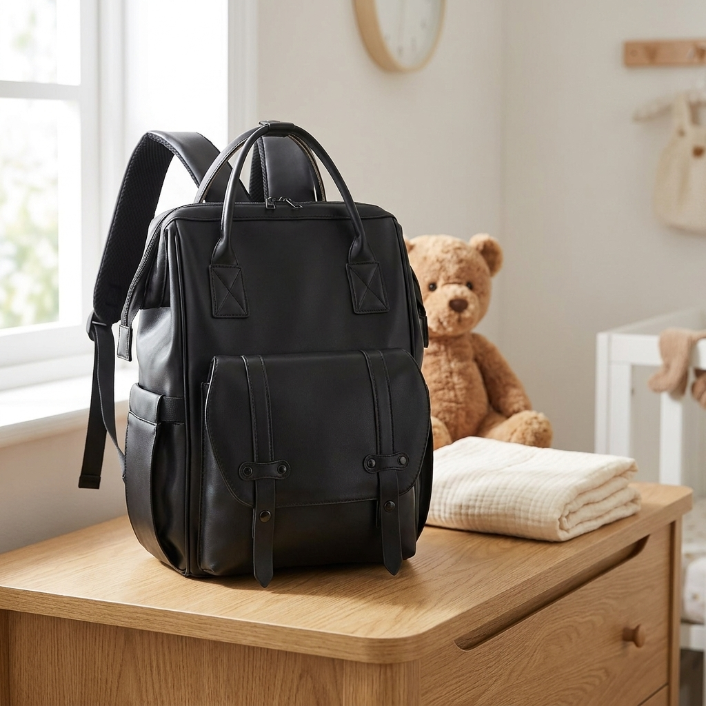 Sac à langer à dos en simili cuir, 3 coloris, en situation